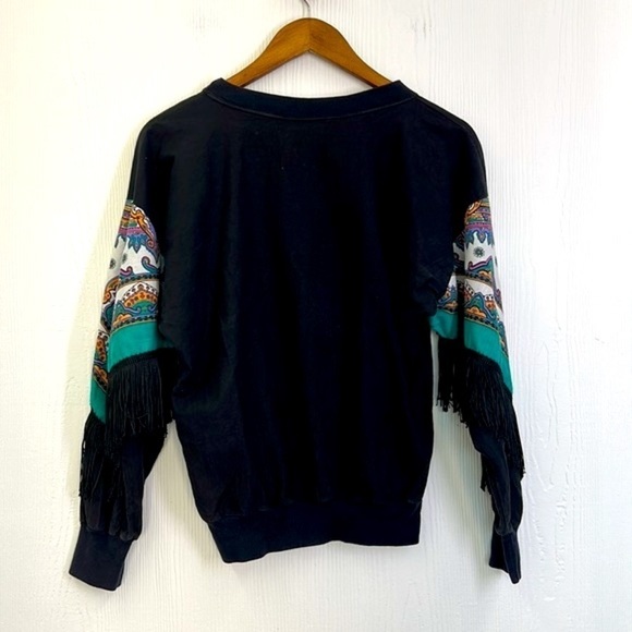 Hazelwood Southwest Fashion - Vintage 80s Black Aztec Fringe Sweatshirt Small - Picture 11 of 12